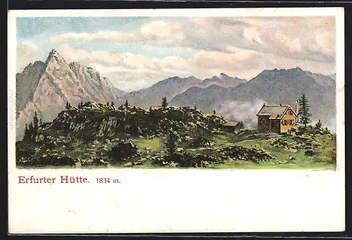 Künstler-AK Erfurter Hütte, Landschaftsidyll mit Gebirgspanorama