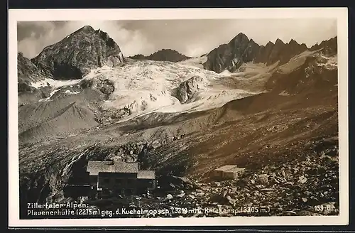 AK Plauenerhütte, Berghütte gegen die Kuchelmoosspitze u. Reichenspitze, Zillertaler-Alpen