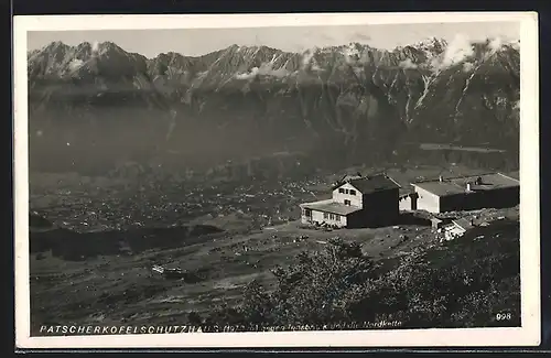 AK Patscherkofelschutzhaus, Berghütte gegen Innsbruck und die Nordkette