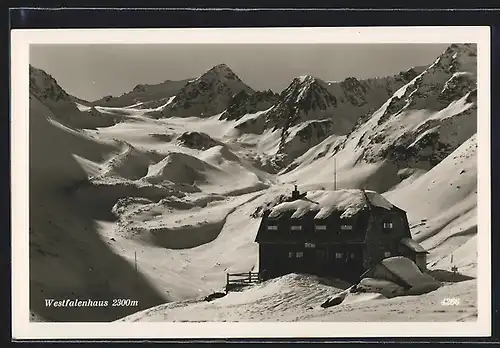 AK Westfalenhaus, Berghütte im Schnee