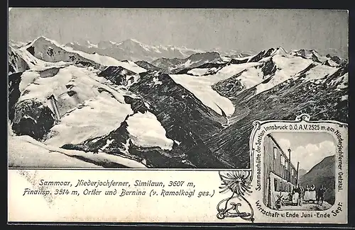 AK Sammoarhütte der Section Innsbruck D. Ö. A. V. am Niederjochferner Oetztal, Sammoar u. Ortler v. Ramolkogl ges.