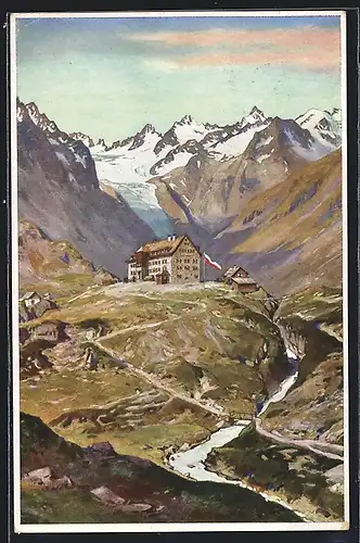 Künstler-AK Franz-Senn-Hütte gegen das Gebirge