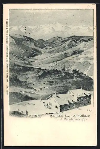 Künstler-AK Franz Kulstrunk: Kitzbühlerhorn-Gipfelhaus, Berghütte und Venedigergruppe