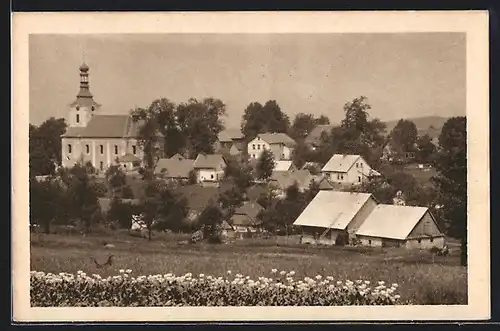 AK Dobrany, Ortsansicht mit Kirche