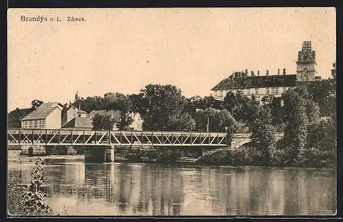 AK Brandys nad Labem, Zàmek, Blick über die Elbe zum Schloss