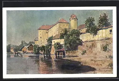 Künstler-AK Lazne-Podebrady, Teilansicht am Ufer