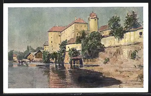 Künstler-AK Lazne-Podebrady, Teilansicht am Ufer