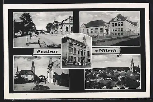 AK Milovice, Verschiedene Ansichten mit Kirche und Restaurant