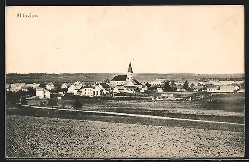 AK Milovice, Ortsansicht aus der Vogelschau