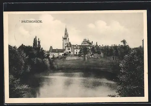 AK Pruhonice, Schloss mit Gewässer aus der Vogelschau