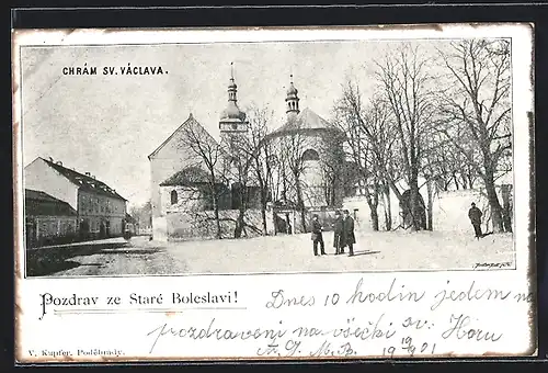 AK Stara Boleslav, Kirche mit Strasse und Passanten