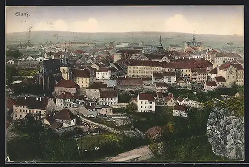 AK Slaný, Ortsansicht mit Fernblick aus der Vogelschau
