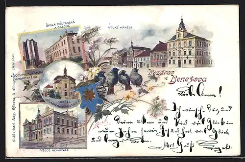 Künstler-AK Beneschau / Benesov, Velke Námesti, Skola Mestanská a Obecna, Kostel