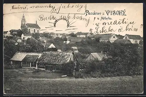 AK Vysoka u. Melnika, Ortsansicht von einer Weide aus