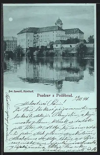 Mondschein-AK Podebrady, Panorama vom Wasser gesehen