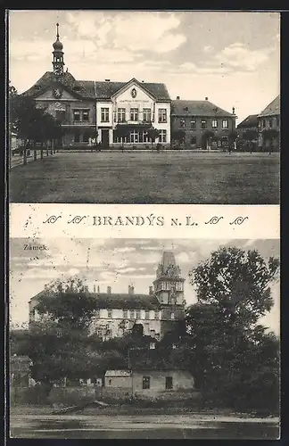 AK Brandýs n. L., Marktplatz mit Rathaus, Ortspartie