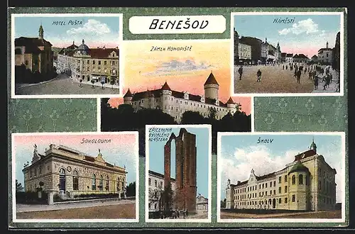 AK Beneschau / Benesov, Hotel Posta, Námesti, Skoly