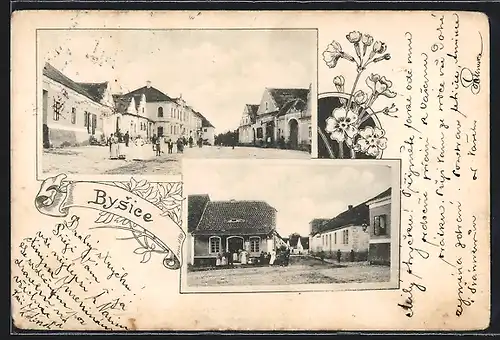 AK Bysice, Strassenansichten aus dem Ort, Geschäft