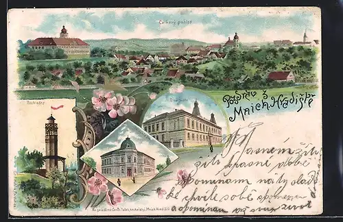 Lithographie Mnich. Hradiste, Rozhledna, Okresni dum, Divci Skola