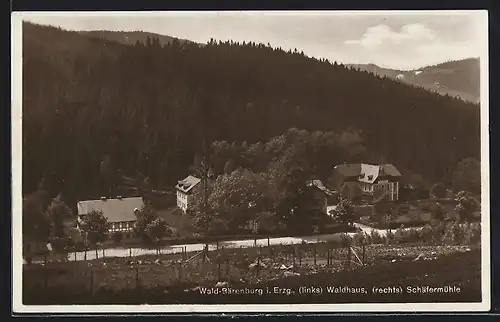 AK Wald-Bärenburg i. Erzg., Links Waldhaus u. rechts Hotel Schäfermühle