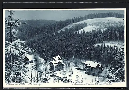 AK Wald-Bärenburg i. sächs. Erzgebirge, Hotel u. Pension Schäfermühle Paul Kirsten im Schnee