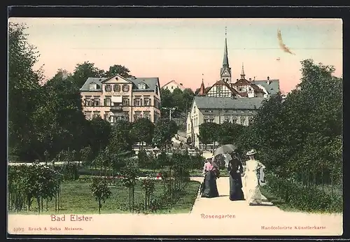 AK Bad Elster, Rosengarten mit Hotel Haus Rheingold