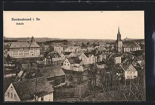 AK Reichenbrand i. Sa., Stadtansicht mit der Schule und der Kirche