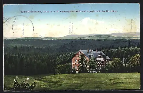 AK Georgengrün, Hotel Waldschuster am Georgengrüner Wald und Aussicht auf das Erzgebirge: Scheibenberg und Auersberg