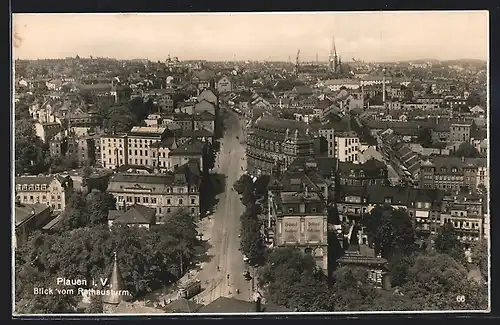 AK Plauen i. V., Blick vom Rathausturm auf den Ort mit Strassenpartie
