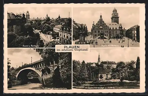 AK Plauen / Vogtland, Marktplatz mit Rathaus, Friedrich-August-Brücke und Schloss