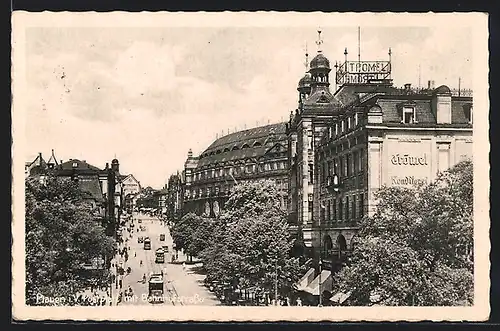 AK Plauen / Vogtland, Postplatz mit Bahnhofstrasse, Strassenbahn, Cafe Trömel