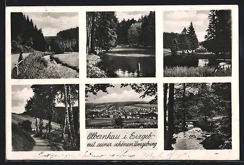 AK Olbernhau i. Erzgeb., Strassenpartie, Uferpartie, Ortspartie