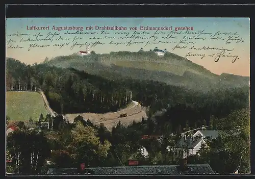 AK Augustusburg, Ortsansicht mit Drahtseilbahn