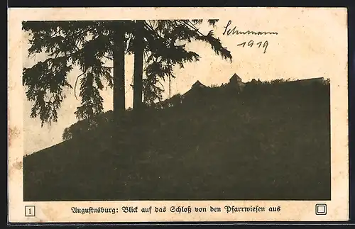 AK Augustusburg, Blick auf das Schloss von den Pfarrwiesen aus