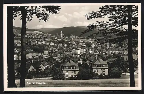 AK Aue i. Erzgebirge, Teilansicht der Stadt vom Walde aus