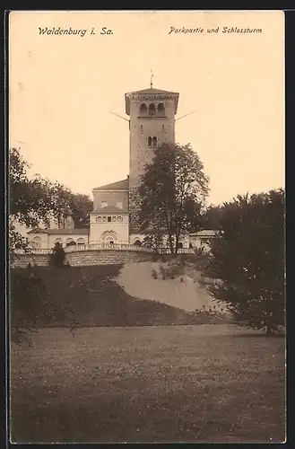 AK Waldenburg i. Sa., Parkpartie und Schlossturm