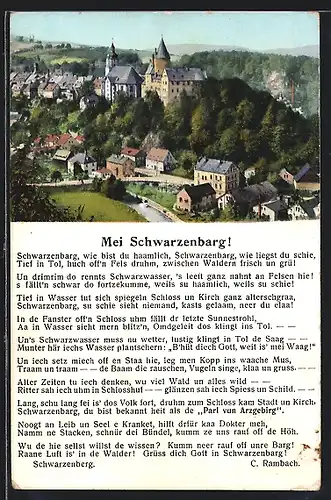 AK Schwarzenberg / Erzgeb., Ortsansicht, Mundart-Gedicht