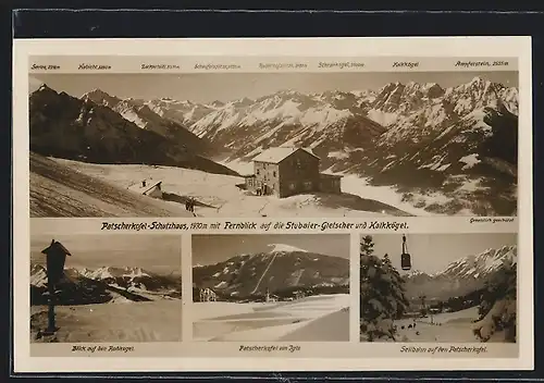 AK Patscherkofel-Schutzhaus, Blick auf die Berghütte mit dem Stubaier-Gletscher