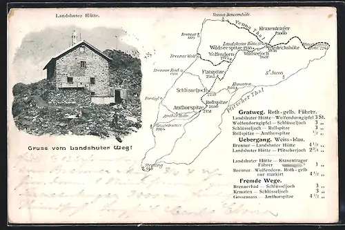 AK Landshuter Hütte, Berghütte am Lundshuter Weg, Landkarte mit Flatspitze, Wolfendorn und Kraxentrager
