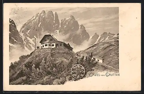 Künstler-AK Gruttenhütte, Berghütte mit Panorama