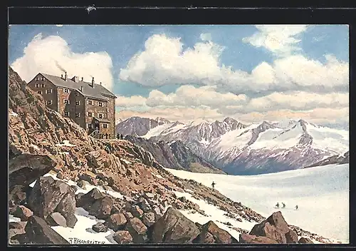 Künstler-AK Rudolf Reschreiter: Berghütte Brandenburger Haus am Kesselwandjoch