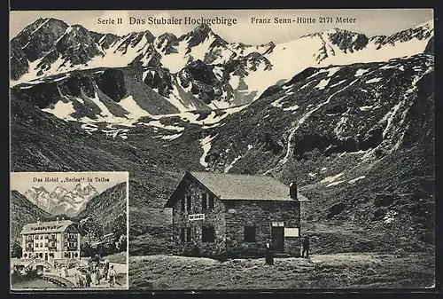 AK Franz Senn-Hütte, Stubai, Blick zum Hotel Serles in Telfes