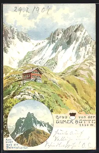 Künstler-AK Ulmerhütte, Panorama und Aussicht auf die Pateriolspitze