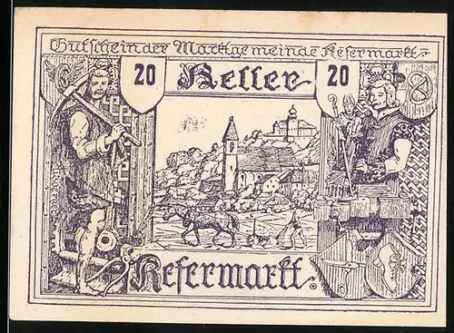 Notgeld Kefermarkt 1920, 20 Heller, Bauer beim Pflügen, Handwerker, Zunft-Wappen