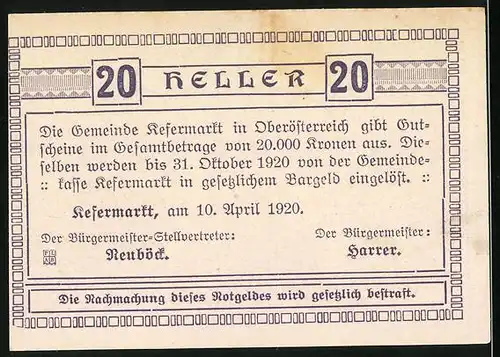 Notgeld Kefermarkt 1920, 20 Heller, Bauer beim Pflügen, Handwerker, Zunft-Wappen