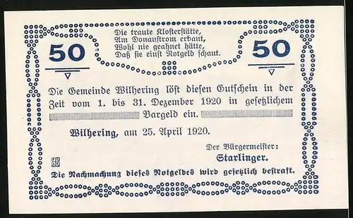 Notgeld Wilhering 1920, 50 Heller, Kloster an der Donau