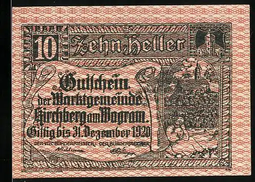 Notgeld Kirchberg am Wagram 1920, 10 Heller, Kirche, Wappen
