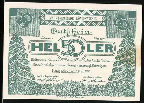 Notgeld Königswiesen 1920, 50 Heller, Fichten, Wappen mit Hase