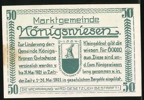 Notgeld Königswiesen 1920, 50 Heller, Fichten, Wappen mit Hase