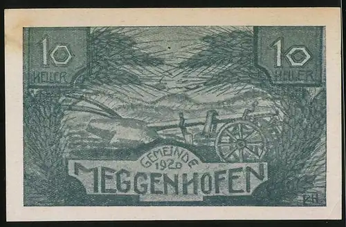 Notgeld Meggenhofen 1920, 10 Heller, Pflug von Korn gerahmt